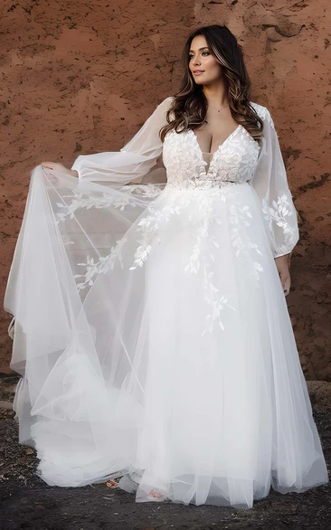 A-Line Plus Size Garden Wedding Dress withIllusion Long Sleeve Sweep Train