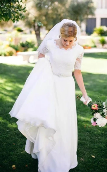 A Line Scalloped Chiffon Lace Zipper Wedding Gown