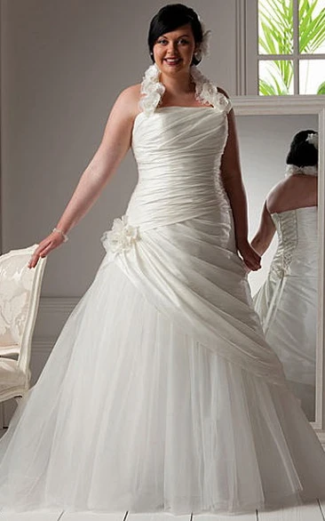 Floral Halter Taffeta Wrapped Tulle Skirt Bridal Gown With Lace Up