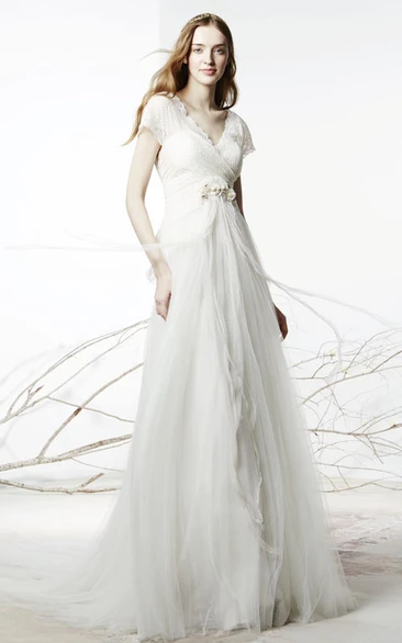 A-Line Floor-Length V-Neck Short-Sleeve Draped Tulle Wedding Dress With Flower And Lace