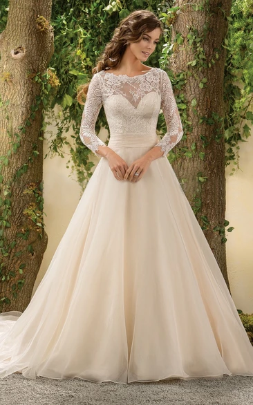 3-4 Sleeved A-Line Wedding Dress With Lace Bodice And Deep V-Back