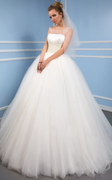 Long Scoop Beaded Tulle Wedding Dress With Corset Back