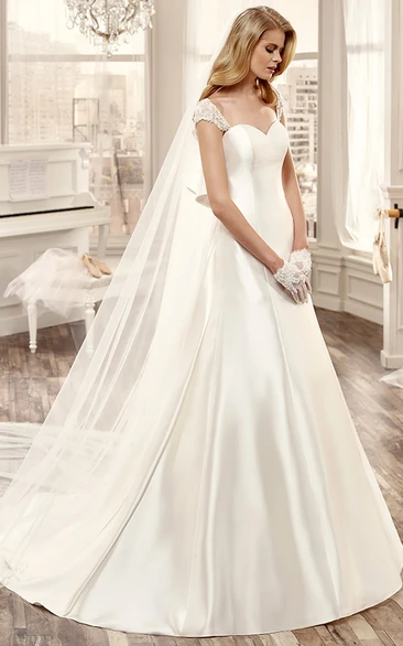 Sweetheart Cap-Sleeve Long Wedding Dress With Large Back Bow And Brush Train