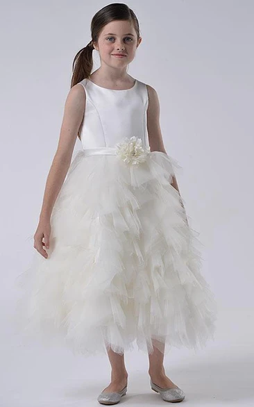 Floral Tiered Tulle&Satin Flower Girl Dress With Ruffles