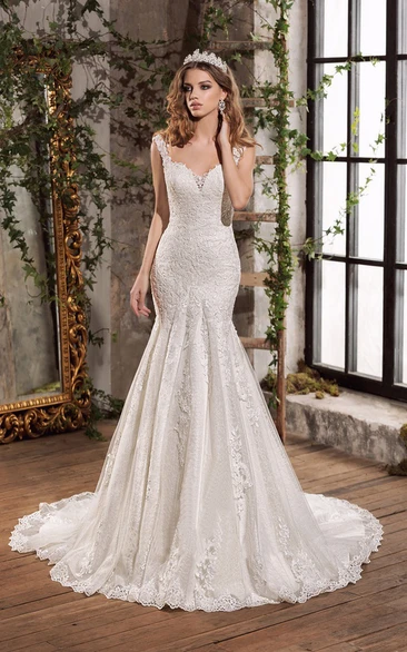 Luxury Lace and Tulle Notched Floor Length Bridal Gown with Chapel Train