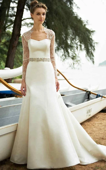 Long Long-Sleeve Strapless Jeweled Satin Wedding Dress With Cape And Court Train