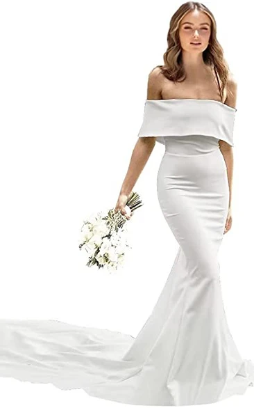 Satin Mermaid Wedding Dress with Off-the-shoulder Neckline and Short Sleeves Sexy Off-shoulder Satin Wedding Dress