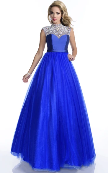 Sophisticated A-Line Cap Sleeve High Neck Tulle Prom Dress With Rhinestones Appliques