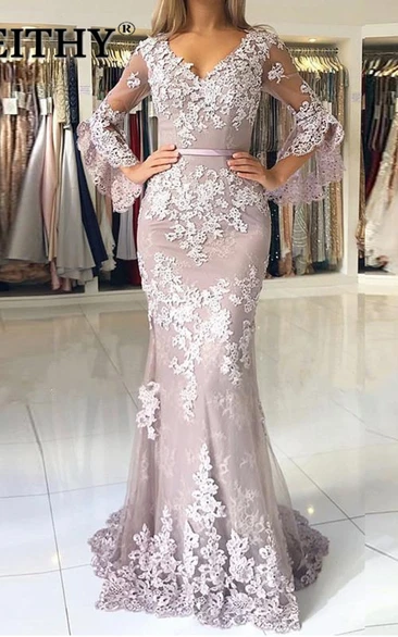 Mermaid V-neck 3/4 Length Sleeve Lace Elegant Button Formal Dress