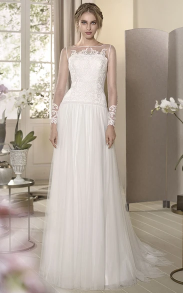 Sheath Maxi Long-Sleeve Bateau-Neck Appliqued Tulle Wedding Dress