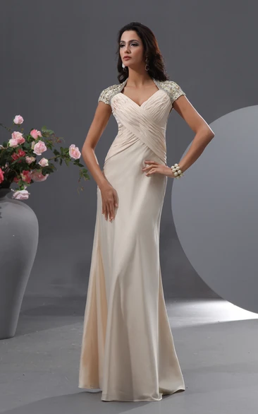 Graceful Queen Anne Evening Gown With Cap-Sleeves Beading