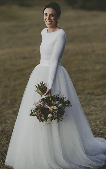 Elegant Fitted Modest Jersey Long Sleeve Tulle Bridal Gown