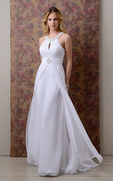 A-Line Chiffon Beaded Neck Wedding Dress With Ruching And Keyhole