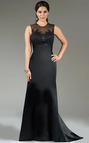 Modest Illusion Neck Sheath Satin Long Bridesmaid Dress With Applique And Keyhole