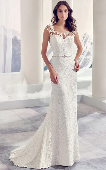 Square Long Jeweled Cap-Sleeve Lace Wedding Dress With Sweep Train And Illusion
