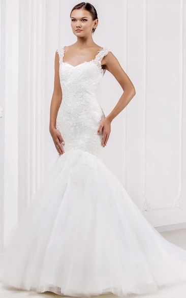 Mermaid Strapless Floor-Length Appliqued Sleeveless Tulle&Lace Wedding Dress With Illusion Back And Court Train