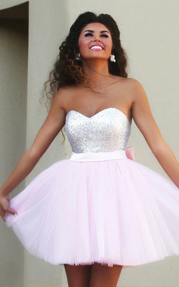 A Line Sleeveless Tulle Sequins Casual Open Back Homecoming Dress with Bows
