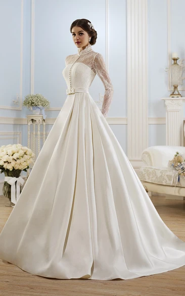 Ball Gown Long High-Neck Long-Sleeve Illusion Satin Dress With Lace