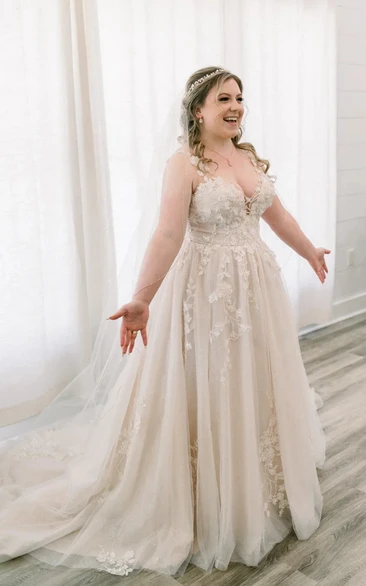 Boho Plus Size Chiffon V-neck Bridal Gown Beading Sequins with Court Train  - UCenter Dress