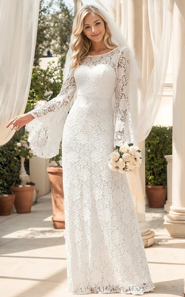 Elegant Modest Boho Long Bell Sleeve Column Wedding Dress Ivory Backless Bateau Neckline Backless Reception Bridal Gown No Train