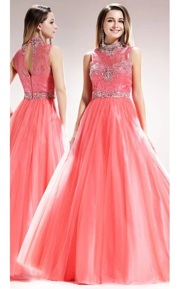A-Line Long High Neck Sleeveless Tulle Satin Illusion Dress With Beading And Lace