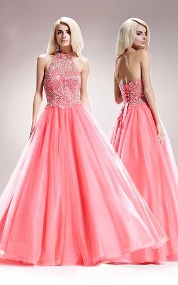 A-Line High Neck Sleeveless Tulle Satin Backless Dress With Beading And Pleats