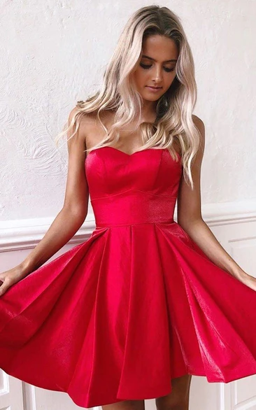 Modern A Line Satin Strapless Sweetheart Sleeveless Homecoming Dress with Pleats