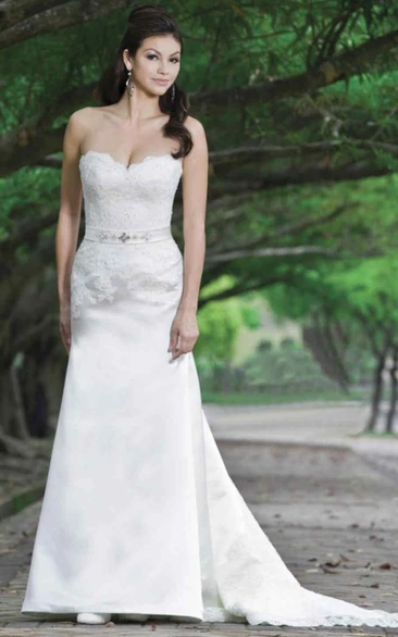 Sheath Jeweled Sweetheart Maxi Satin Wedding Dress With Lace