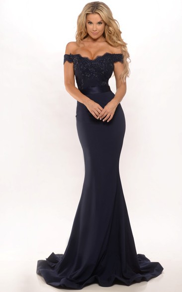 Mermaid Floor-Length Off-The-Shoulder Lace Jersey Prom Dress With Low-V Back And Sweep Train