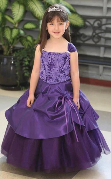 Ankle-Length Beaded Tiered Tulle&Lace Flower Girl Dress With Sash