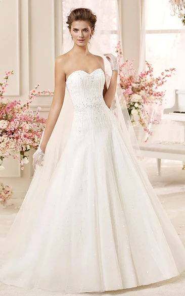 Sweetheart Beaded A-line Wedding Dress with Pleated Skirts and Lace-up Back