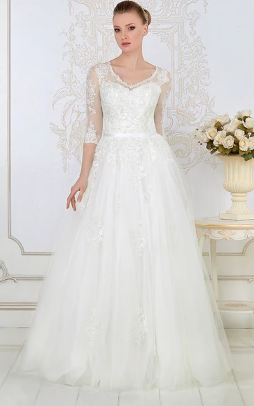 A-Line 3-4-Sleeve V-Neck Tulle&Lace Wedding Dress With Illusion