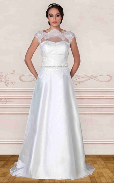 A-Line Bateau-Neck Cap-Sleeve Jeweled Tulle&Taffeta Wedding Dress With Lace And Illusion