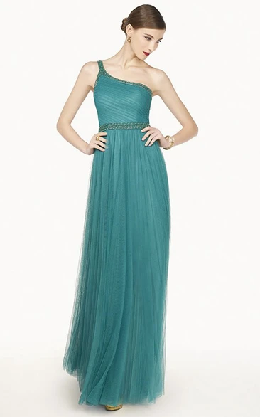Single Strap A-Line Tulle Long Prom Dress With Beaded Neckline And Waist