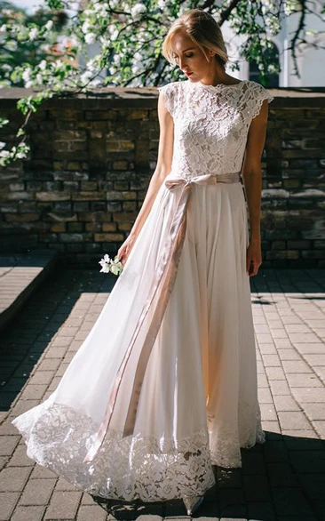 Romantic Floor-length Bateau Chiffon and Lace Short Sleeve A Line Wedding Dress with Ribbon