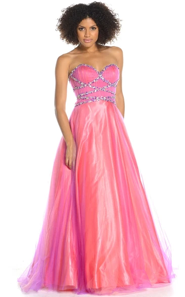 A-Line Beaded Sweetheart Sleeveless Floor-Length Tulle&Satin Prom Dress With Ruching