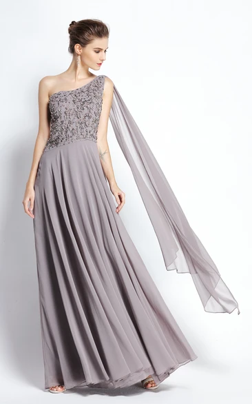 Floor-length Sleeveless A-Line One-shoulder Chiffon Prom Dress with Beading and Draping