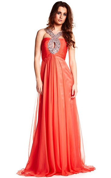 Strapped Beaded Sleeveless Chiffon Prom Dress With Ruching And Beading