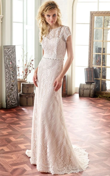 Maxi Scoop Cap-Sleeve Jeweled Lace Wedding Dress With Sweep Train And V Back