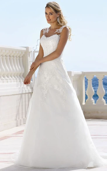 Long V-Neck Appliqued Sleeveless Satin Wedding Dress