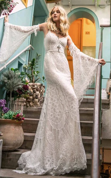 Simple Lace Off-the-shoulder Floor-length Wedding Dress With Appliques And Open Back