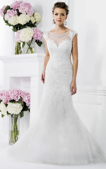 Cap-Sleeved Mermaid Wedding Dress With Beaded Illusion Neck And Low V-Back
