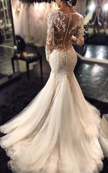 Mermaid V-neck Long Sleeves Lace Court Train Tulle Wedding Dresses