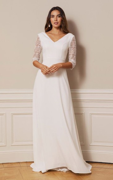 Vintage Deep-V Back Chiffon Lace V-neck A Line Floor-length Wedding Dress