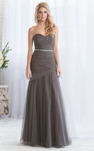 Sweetheart Long Tulle Bridesmaid Dress With Sequins And Ruches