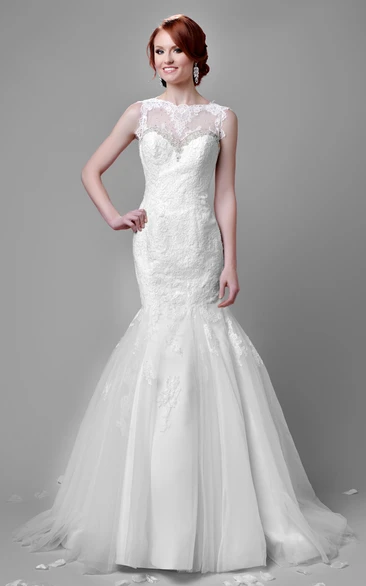 Lace Mermaid Sleeveless Wedding Dress With Beadwork And Tulle Skirt