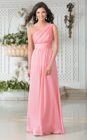 One-Shoulder A-Line Flowy Chiffon Gown With Pleats