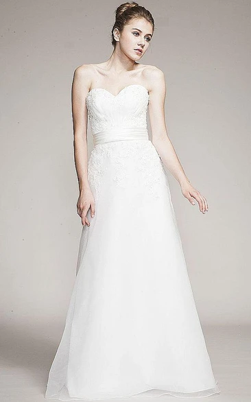 A-Line Sweetheart Sleeveless Long Lace&Satin Wedding Dress