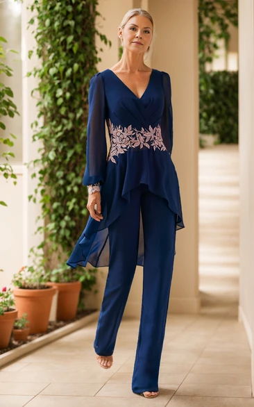 Lace Appliques Chiffon Two Piece Modern V-neck Long Sleeve Elegant Pleats Mother Evening Cocktail Dress with Zipper Back