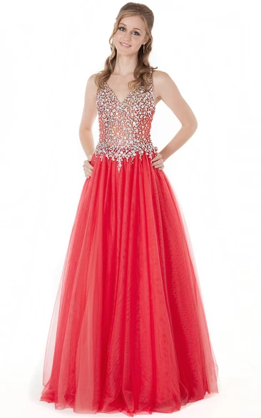 A-Line Crystal Sleeveless V-Neck Floor-Length Tulle Prom Dress With Pleats